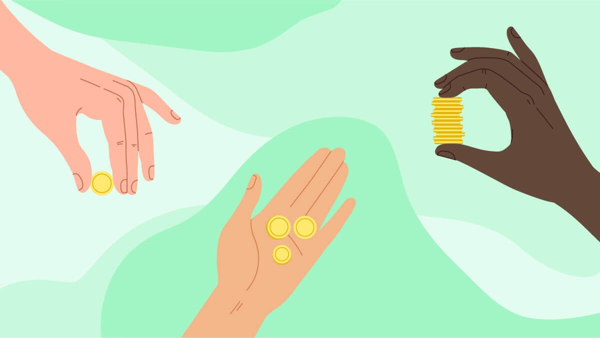 3 illustrated hands holding variable amounts of coins