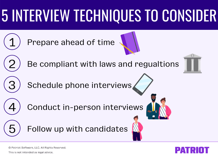 Five interview techniques to consider include preparing ahead of time, being compliant with laws and regulations, scheduling phone interviews, conducting in-person interviews, and following up with candidates.
