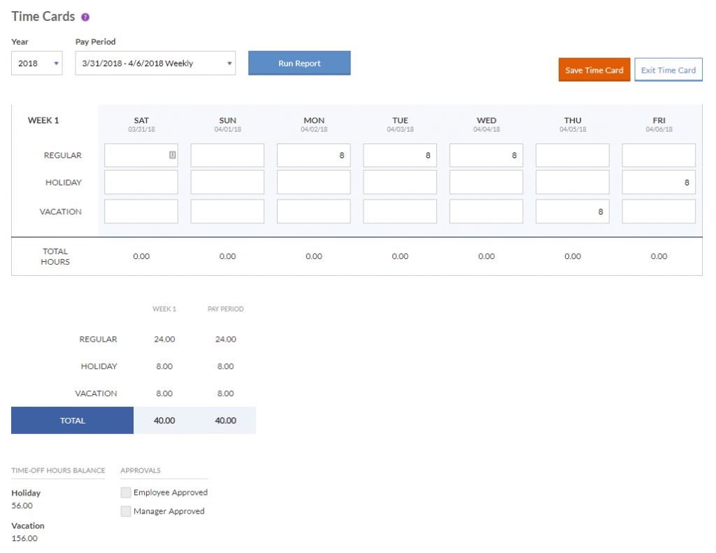 screenshot showing how to enter time in your employee portal.