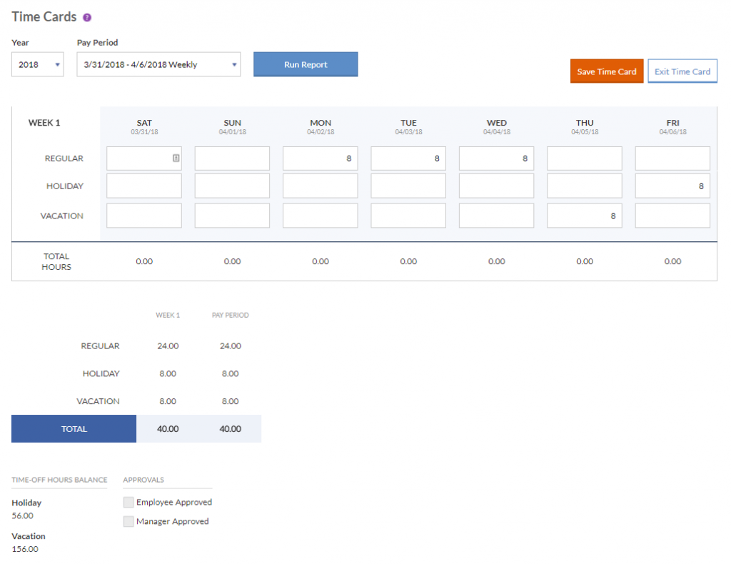 screenshot showing how to enter time in your employee portal.