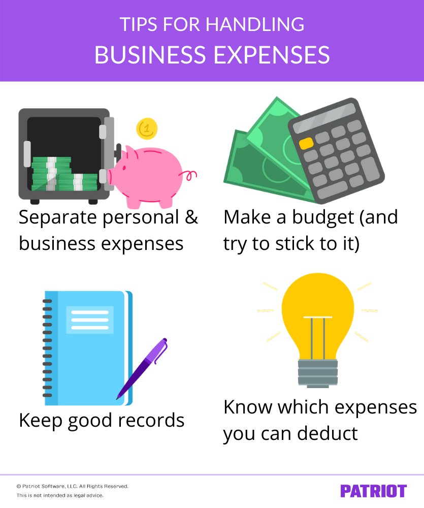 4 tips for handling business expenses with icons for each