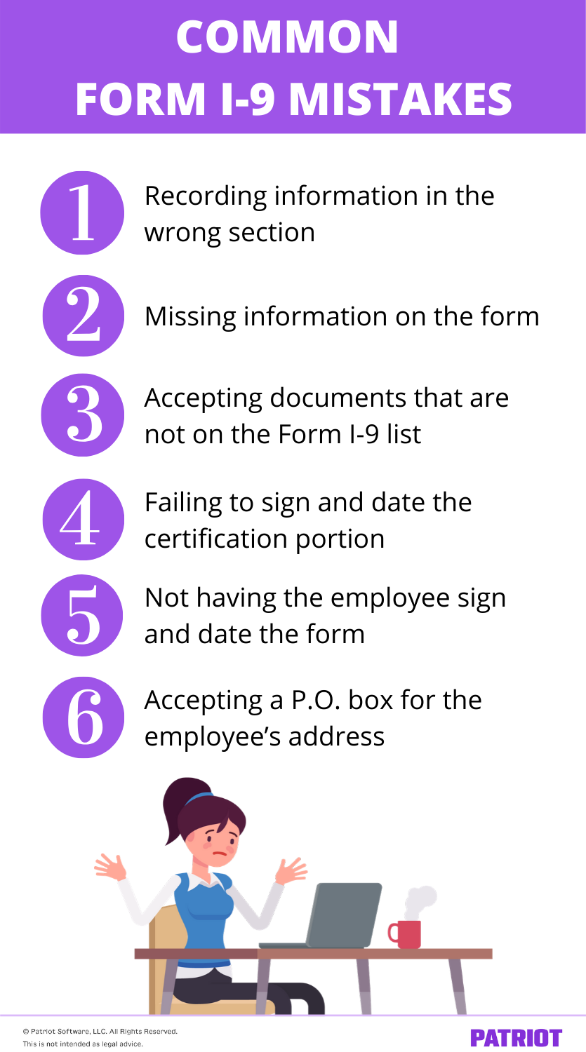 list of mistakes you can make on a form I-9 with a picture of a frustrated employer at a computer