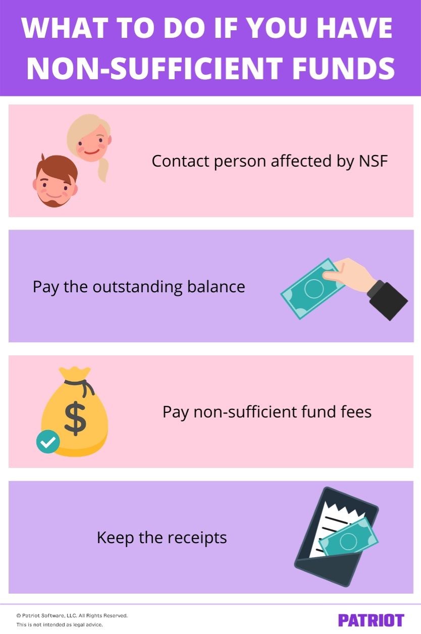 what to do if you have non-sufficient funds: Contact person affected by NSF, pay the outstanding balance, pay non-sufficient fund fees, and keep the receipts