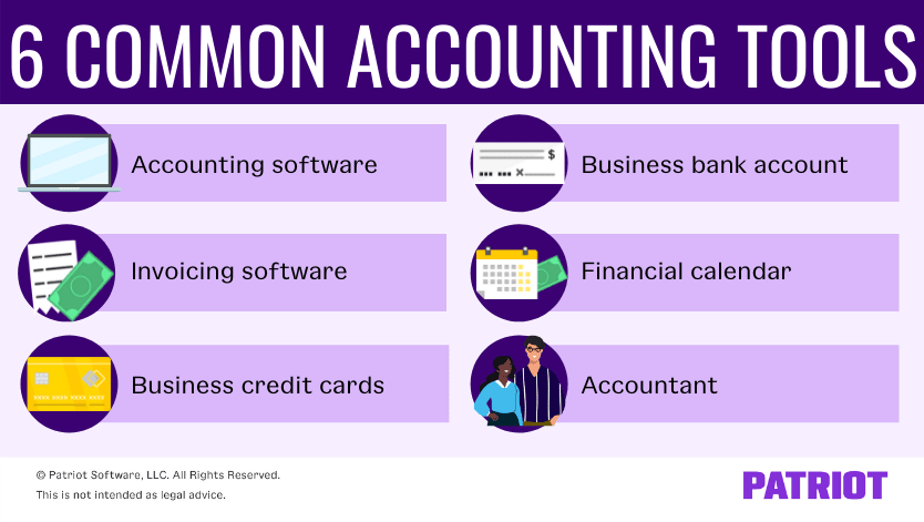 The 6 common accounting tools are accounting software, invoicing software, business credit cards, business bank accounts, a financial calendar, and accountants.