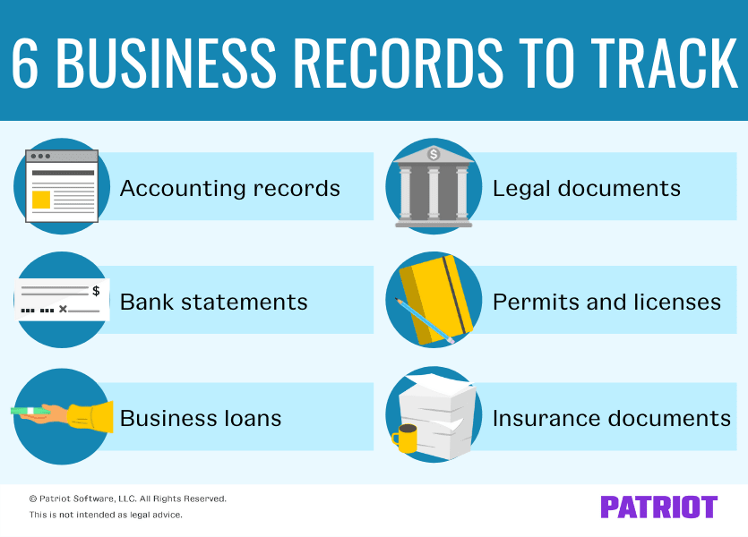 Business records to track include accounting records, bank statements, business loans, legal documents, permits and licenses, and insurance documents.