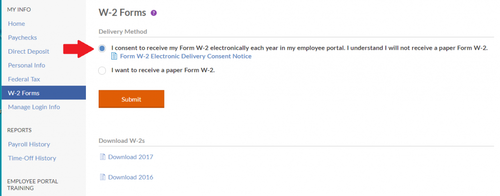 Employee portal screenshot: Consent to receive W-2 forms electronically