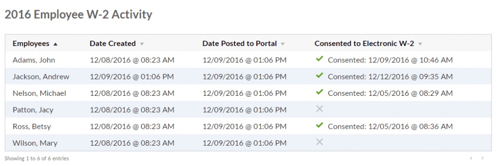 Screenshot of employee W-2 activity report inside of Patriot's payroll software.