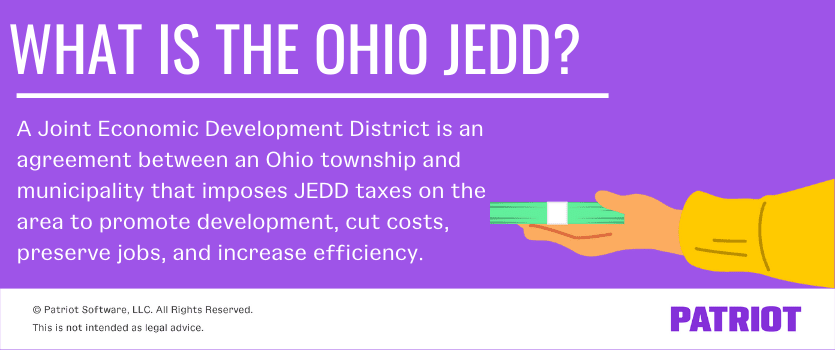 The Ohio JEDD is an agreement between a township and municipality that imposes JEDD taxes on the area to promote development, cut costs, preserve jobs, and increase efficiency. 