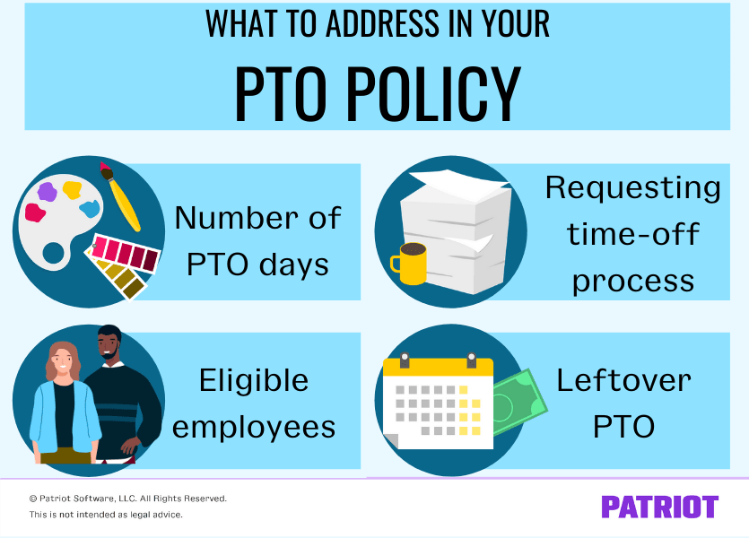 what to address in a PTO policy: number of PTO days, eligible employees, requesting time-off process, and leftover PTO