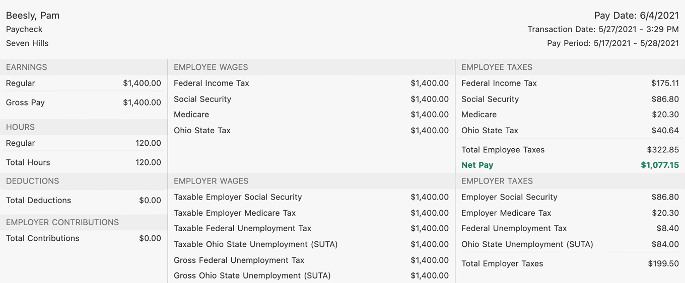 Example of a pay stub showing the employee name, pay period and date, hours worked, gross pay, deductions, taxes, employer contributions, direct deposit information, and net pay.