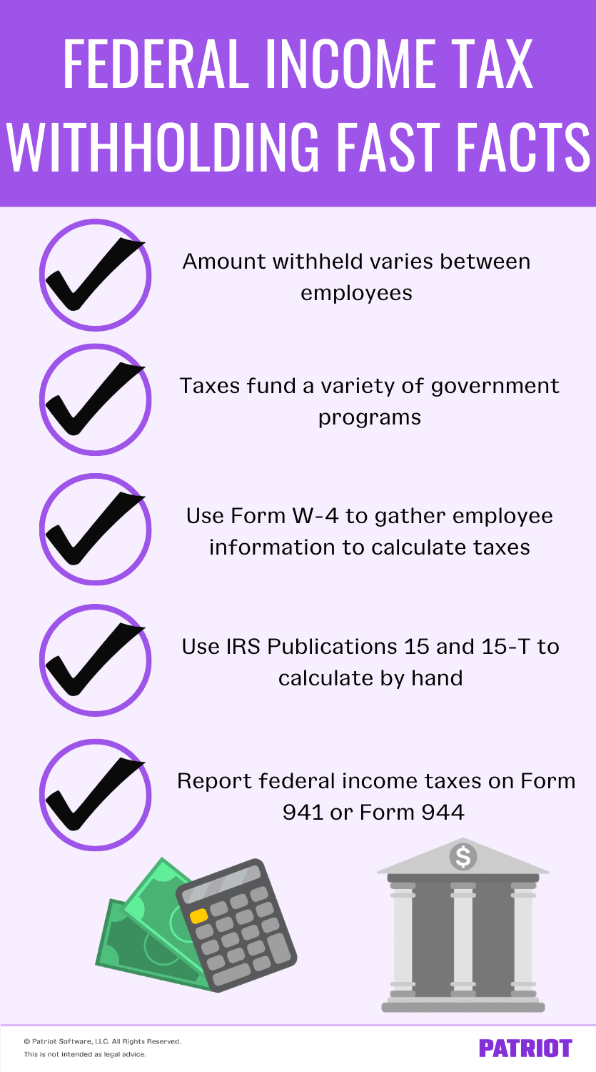 Federal income tax withholding fast facts. Amount withheld varies between employees. Taxes fund a variety of government programs. Use Form W-4 to gather employee information to calculate taxes. Use IRS Publication 15 and 15-T to calculate by hand. Report federal income taxes on Form 941 or Form 944. 