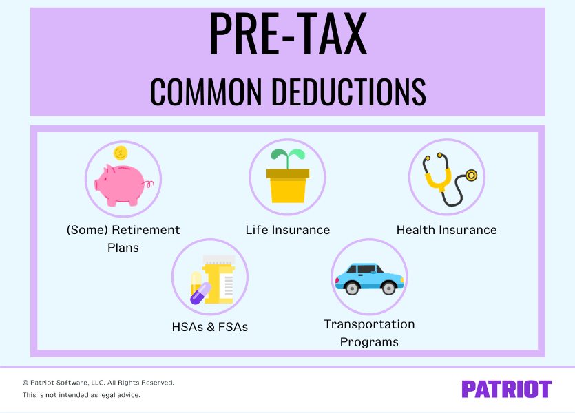 common types of pre-tax deductions: (some) retirement plans, life insurance, health insurance, HSAs & FSAs, transportation programs