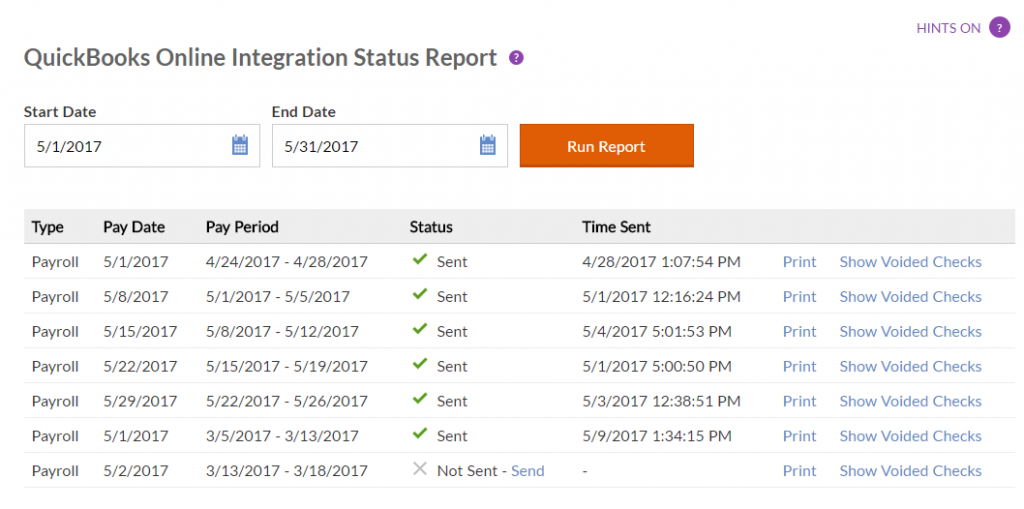 QuickBooks Online Integration Status Report in Patriot Software