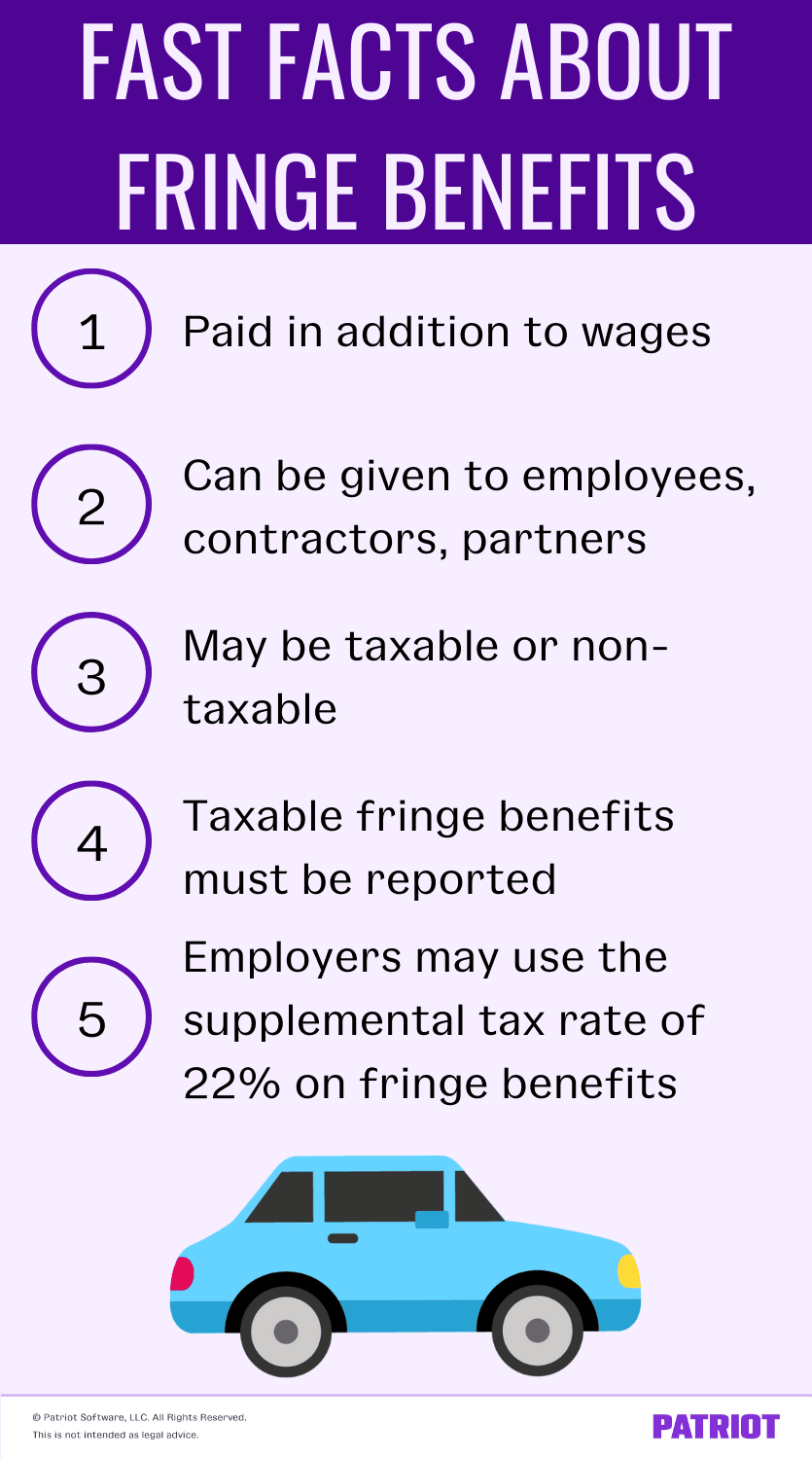 Fast facts about fringe benefits include that they are paid in addition to wages; can be given to employees, contractors, and partners; may be taxable or non-taxable; taxable fringe benefits must be reported; and employers may use the supplemental tax rate of 22% on fringe benefits. 