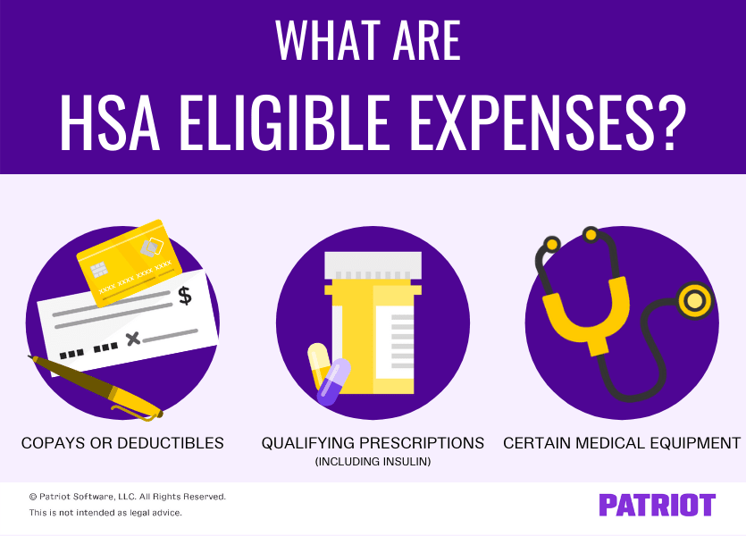 HSA eligible expenses include copays or deductibles, qualifying prescriptions, and certain medical equipment