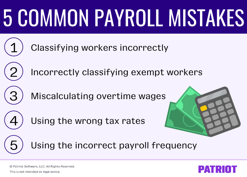 Five common payroll mistakes are classifying workers incorrectly, incorrectly classifying exempt workers, miscalculating overtime wages, using the wrong tax rates, and using the incorrect payroll frequency.