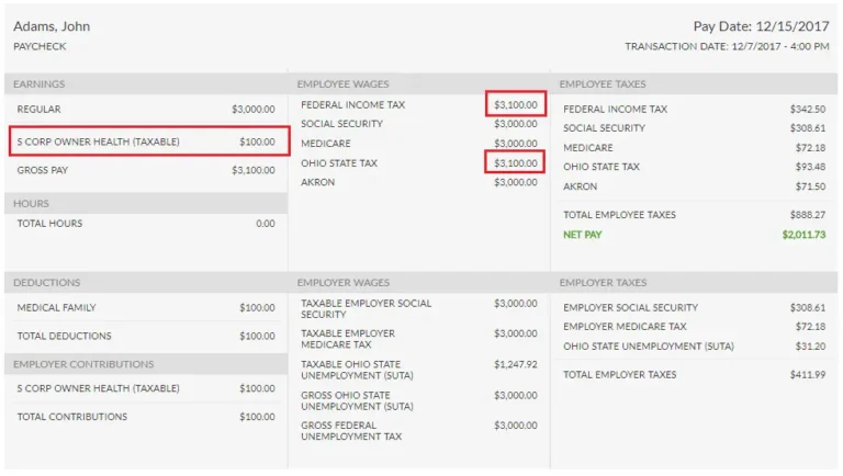 Screenshot of an example paycheck showing where to view S Corp health (taxable) and tax amounts.