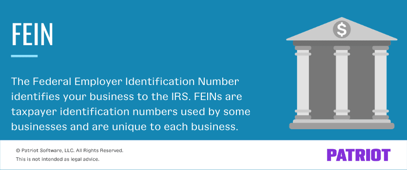 FEIN. The Federal Employer Identification Number identifies your business to the IRS. FEINs are taxpayer identification numbers used by some businesses and are unique to each business.