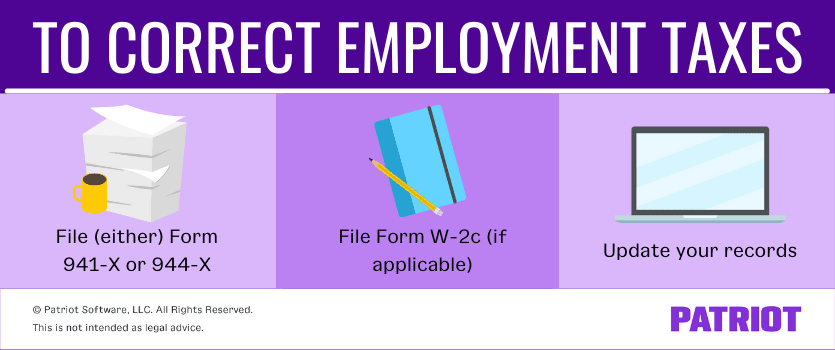 Correcting employment taxes: File (either) Form 941-X or 944-X; file Form W-2c (if applicable); update your records
