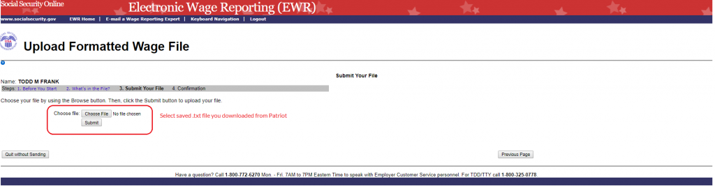 Social Security business services online account screenshot: Uploading formatted wage file - choosing file 