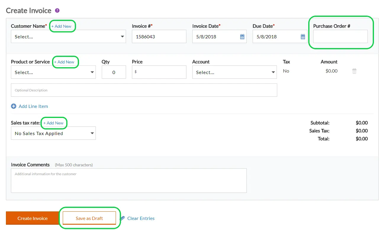 creating an invoice in Patriot Software showing how to add the customer's name, product or service, purchase order #, and sales tax rate.