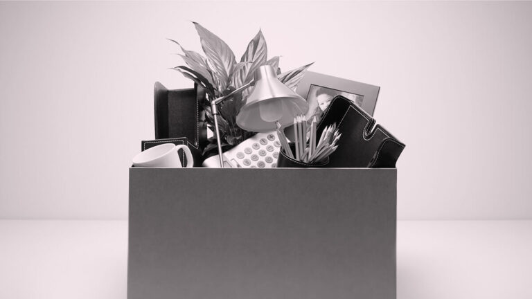 Black and white box of a terminated employee's desk items, such as a plant, photo, and mug.