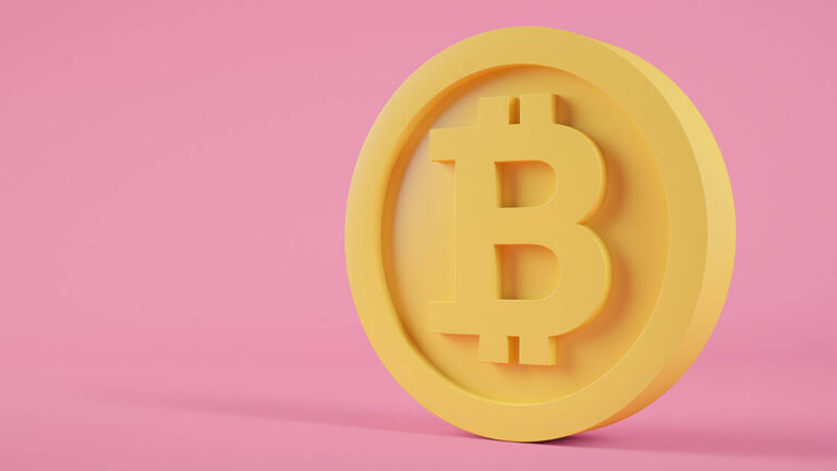 Large Bitcoin on a pink background.