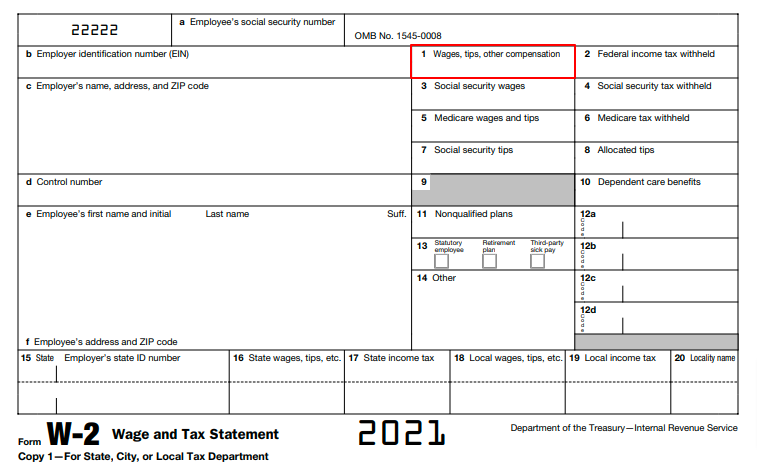 IRS Form W-2 with box 1 highlighted