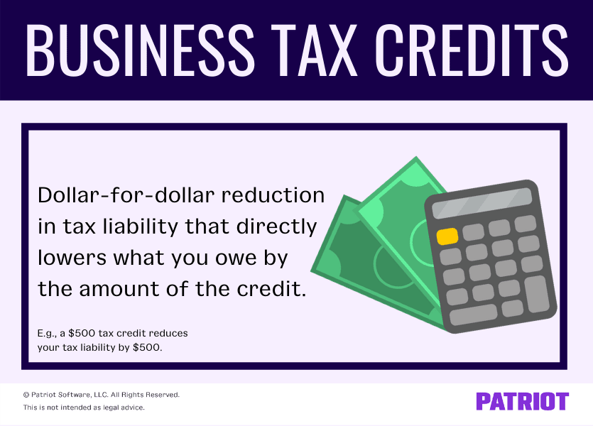 Business tax credits: dollar-for-dollar reduction in tax liability that directly lowers what you owe by the amount of the credit (e.g., a $500 tax credit reduces your tax liability by $500)