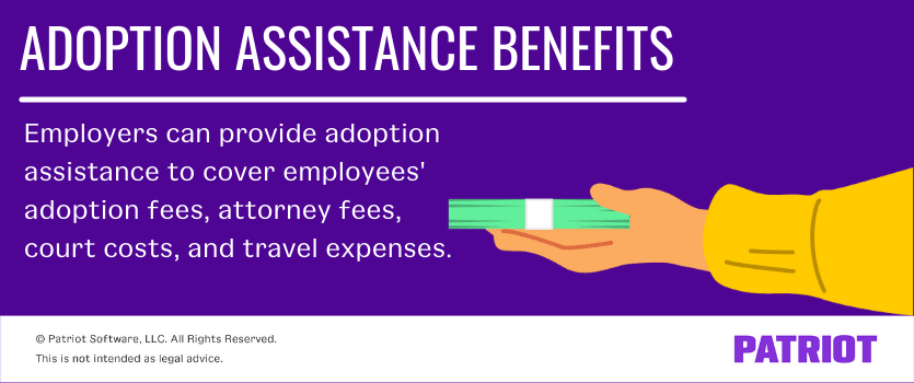 Adoption assistance benefits: Employers can provide adoption assistance to cover employees' adoption fees, attorney fees, court costs, and travel expenses.