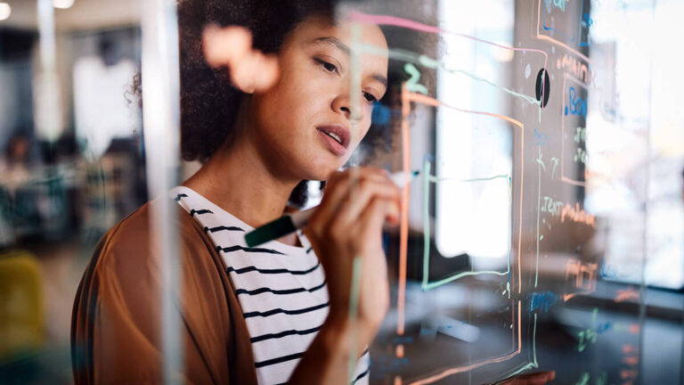 Woman creating a flowchart on a glass panel.