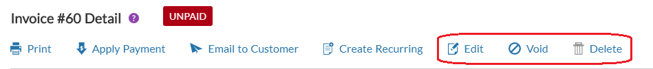 Screenshot showing where to edit, void, or delete an invoice in Patriot Software