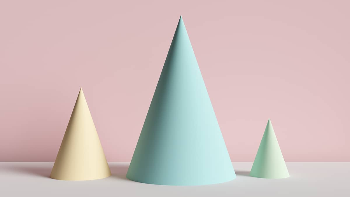 3D pastel cones in front of a pink background.