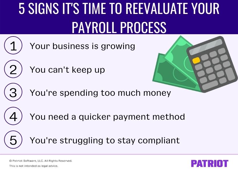 5 signs it's time to reevaluate your payroll process: 1) your business is growing 2) you can't keep up 3) you're spending too much money 4) you need a quicker payment method 5) you're struggling to stay compliant