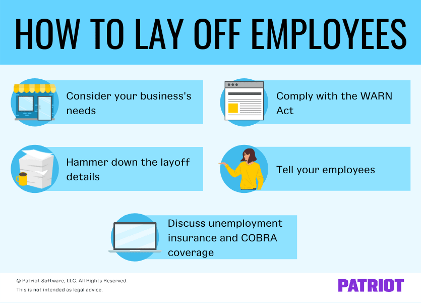 How to lay off employees: Consider your business's needs, hammer down the layoff details, comply with the WARN Act, tell your employees, discuss unemployment insurance and COBRA coverage