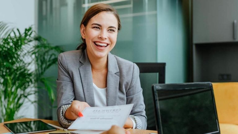 Woman laughing.