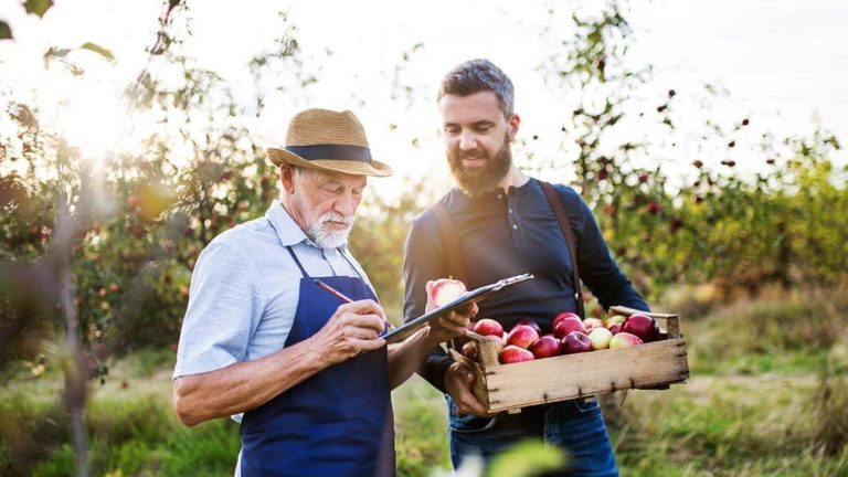 Man holding a bushel of apples and talking with a man taking inventory outside.