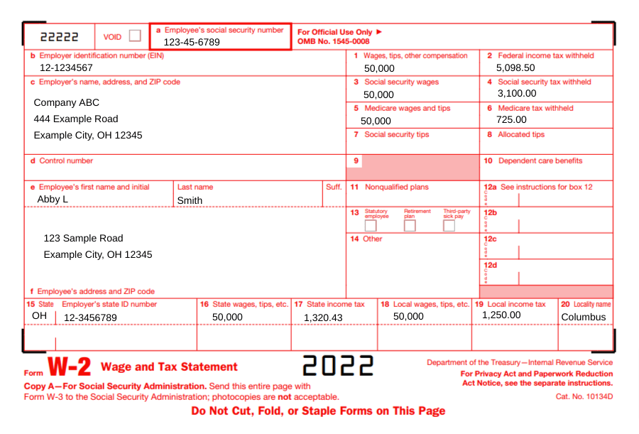 Example of 2022 Form W-2