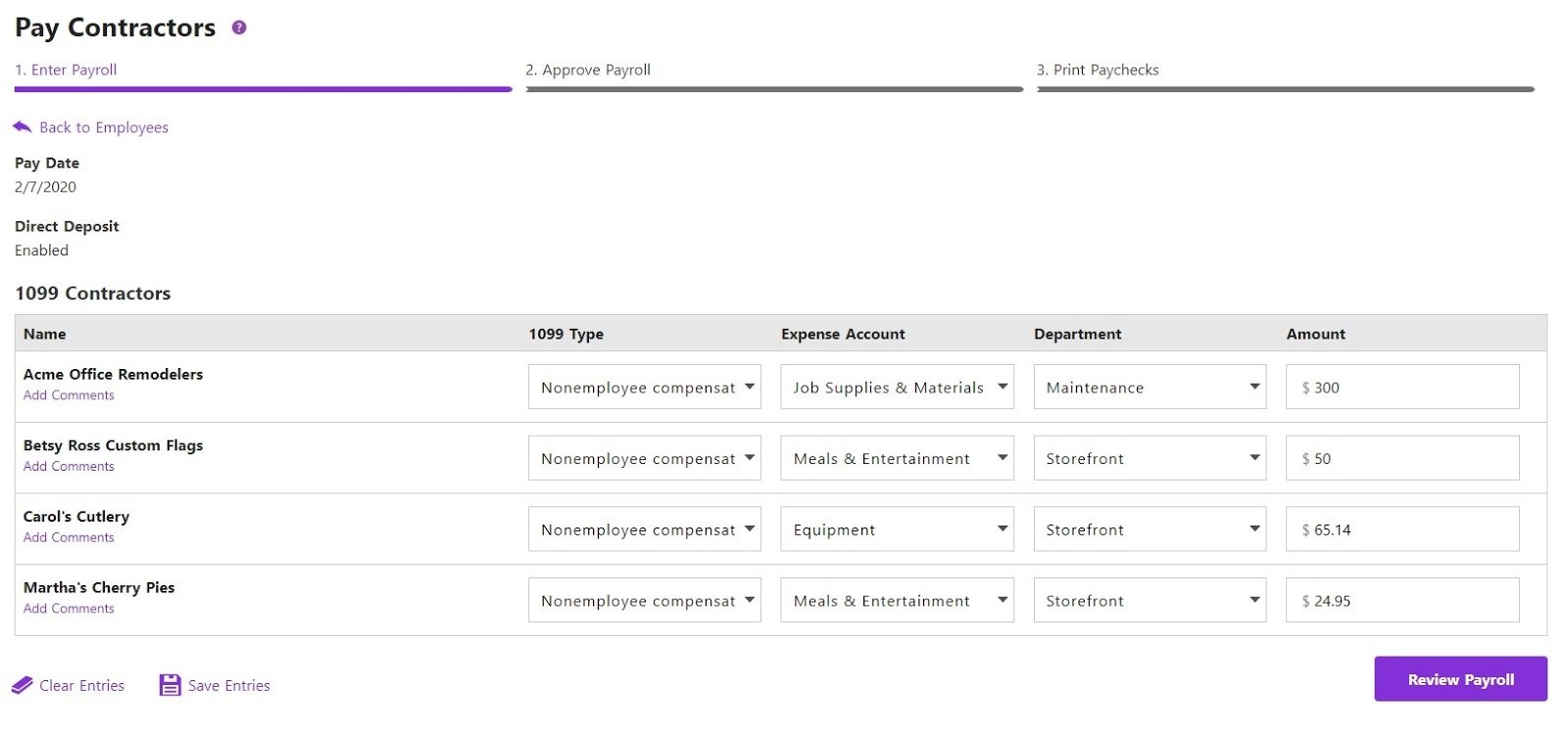 Screenshot of paying contractors in Patriot's payroll software.