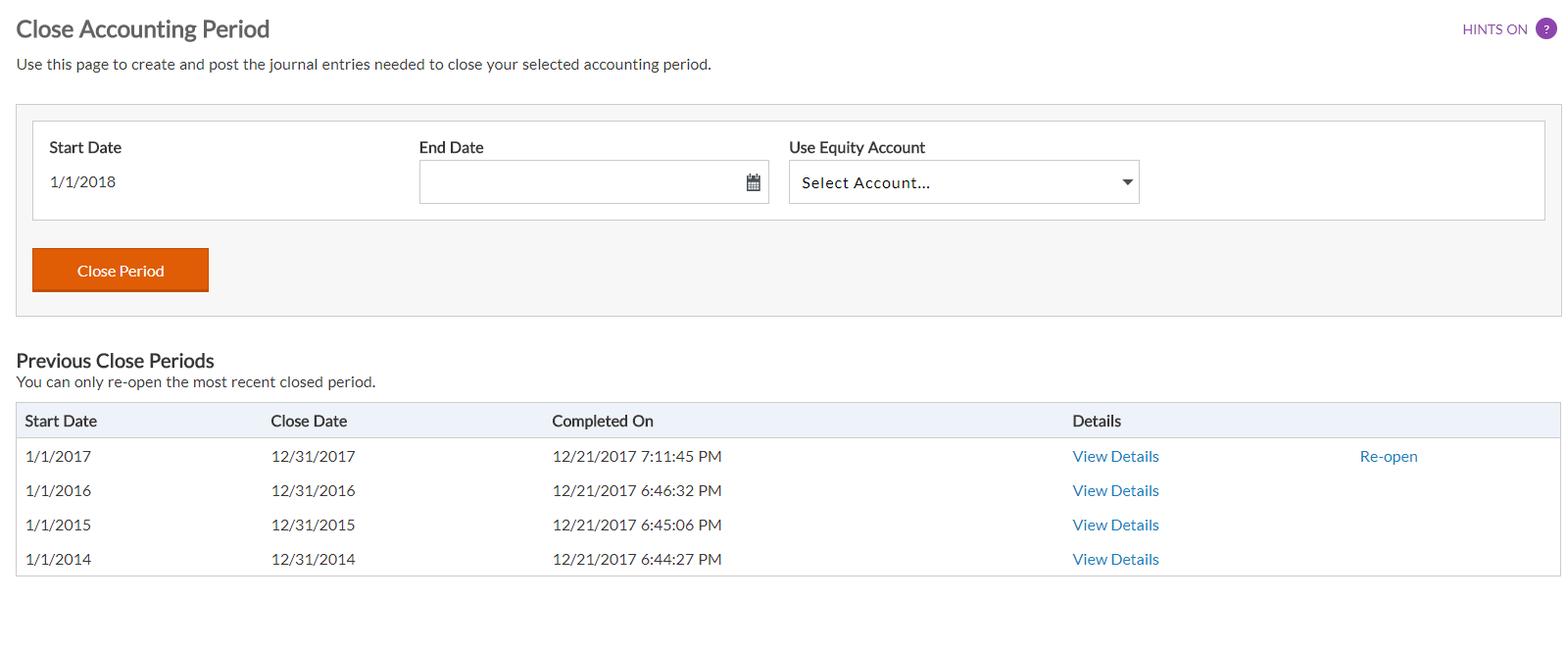 Screenshot showing how to close the accounting period in Patriot Software.
