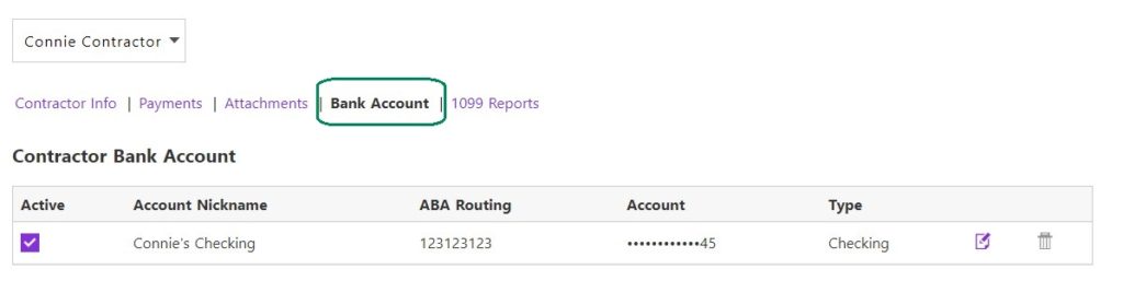 Screenshot of how to enter a 1099 contractor bank account in Patriot Software.