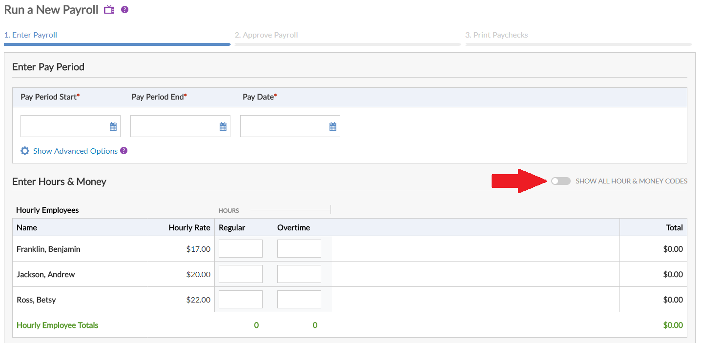 Screenshot showing how a Patriot Software user can use the "Show all hour and money codes" toggle.