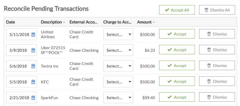 reconcile pending transactions screenshot in Patriot Software