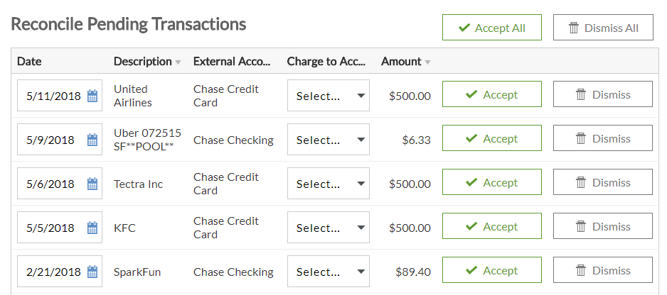 reconcile pending transactions screenshot in Patriot Software