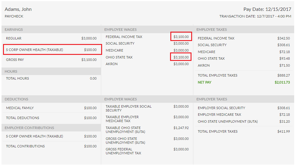 Screenshot of an example paycheck showing where to view S Corp health (taxable) and tax amounts.