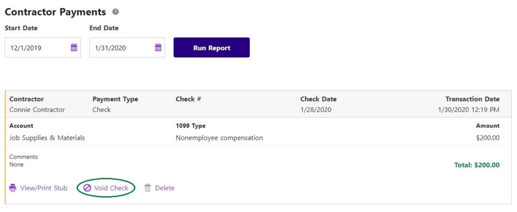 How to void a contractor's check in Patriot Software