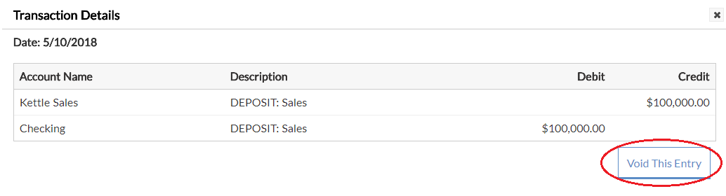 Screenshot showing the "Void This Entry" button in Patriot Software