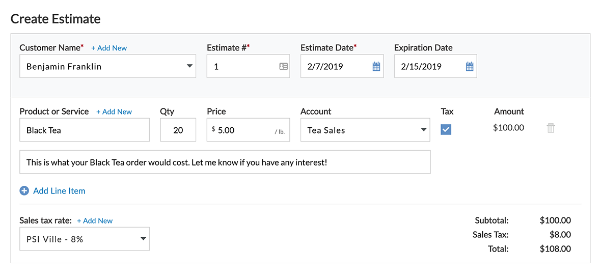 Screenshot of how to create estimates in Patriot Software