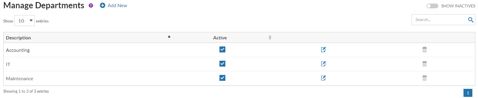 Screenshot of managing departments in Patriot for accounting software customers.