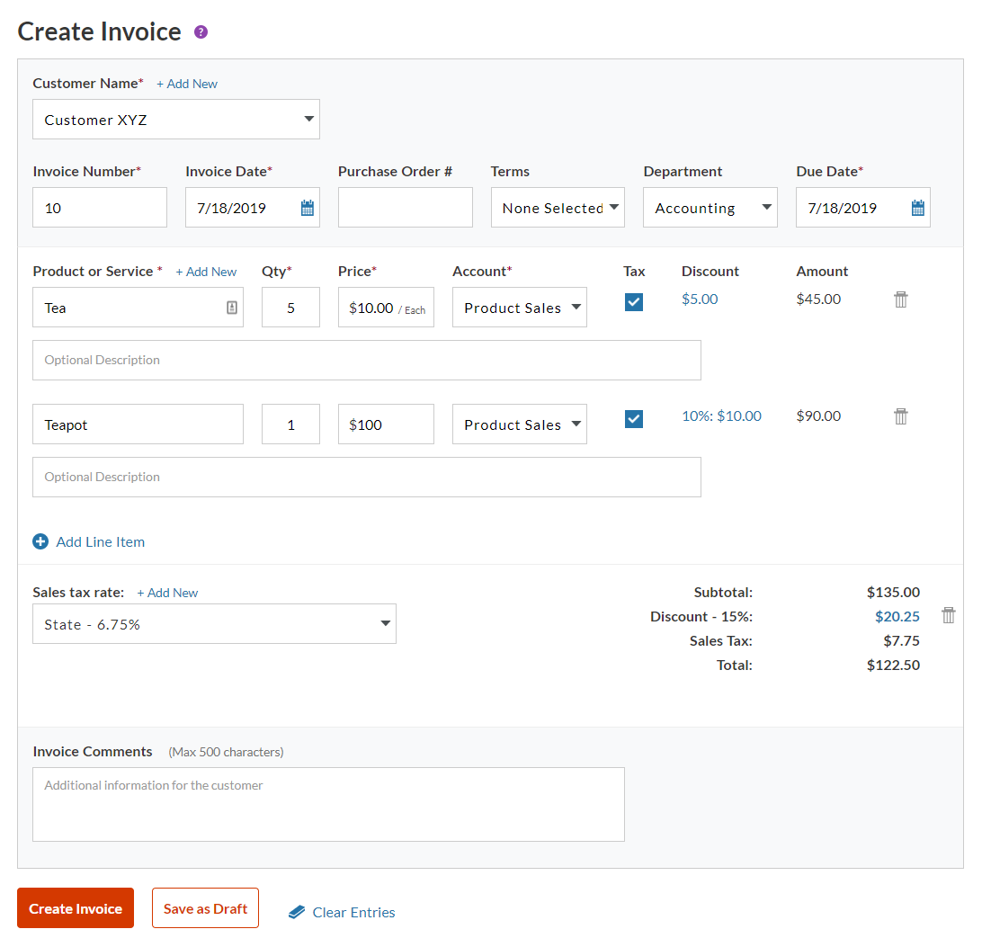 Screenshot showing how to add discounts discounts to specific products or services, invoice totals, or both in Patriot's accounting software.